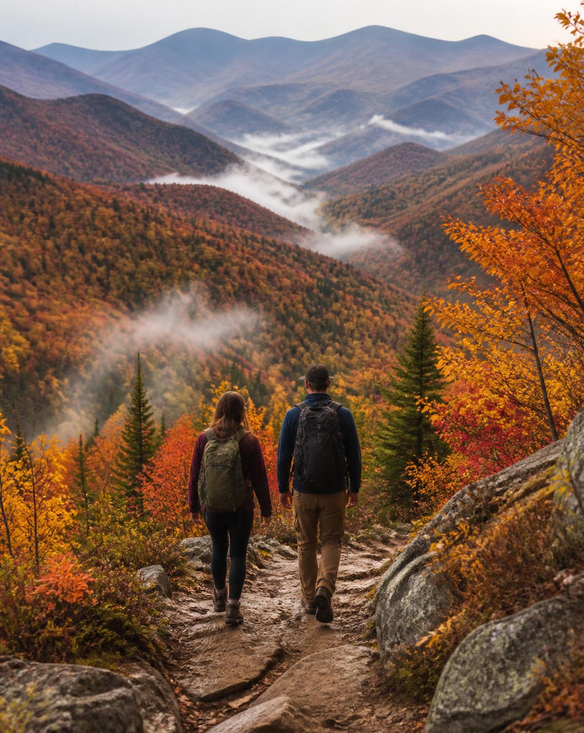 Couple hiking a rocky trail surrounded by peak fall foliage in the White Mountains